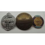 Three metal badges including Reichstag Besuch in Berlin , largest D: 32 mm. P&P Group 1 (£14+VAT for