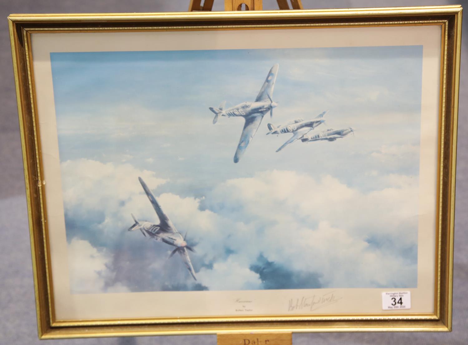 Framed faded print of Hurricane by Robert Taylor, signed by Wing Commander Robert Roland Stanford