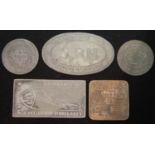 Five WWII style Channel Islands mixed metal tokens, largest L: 65 mm. P&P Group 1 (£14+VAT for the