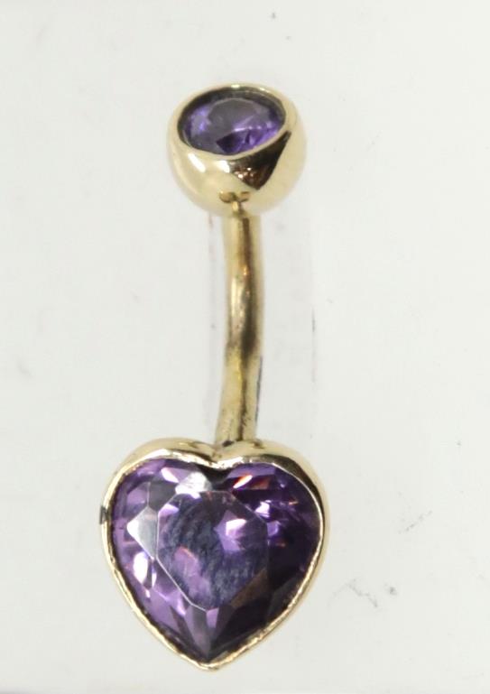 9ct gold amethyst set belly button bar, 2.2g. P&P Group 1 (£14+VAT for the first lot and £1+VAT