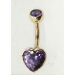 9ct gold amethyst set belly button bar, 2.2g. P&P Group 1 (£14+VAT for the first lot and £1+VAT