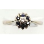18ct white gold sapphire and diamond cluster ring, size M, 3.2g. P&P Group 1 (£14+VAT for the