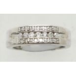 9ct white gold three row diamond ring, size L, 5.1g. P&P Group 1 (£14+VAT for the first lot and £1+