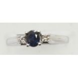 9ct white gold three stone sapphire and diamond Deco style ring, size L, 2.0g. P&P Group 1 (£14+