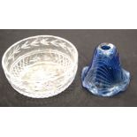 Adrian Sankey signed fluted blue glass lamp shade, H: 12 cm and a cut glass fruit bowl. Condition