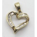 Contemporary 9ct gold heart shape pendant set with baguette cut diamonds, 1.9g. P&P Group 1 (£14+VAT