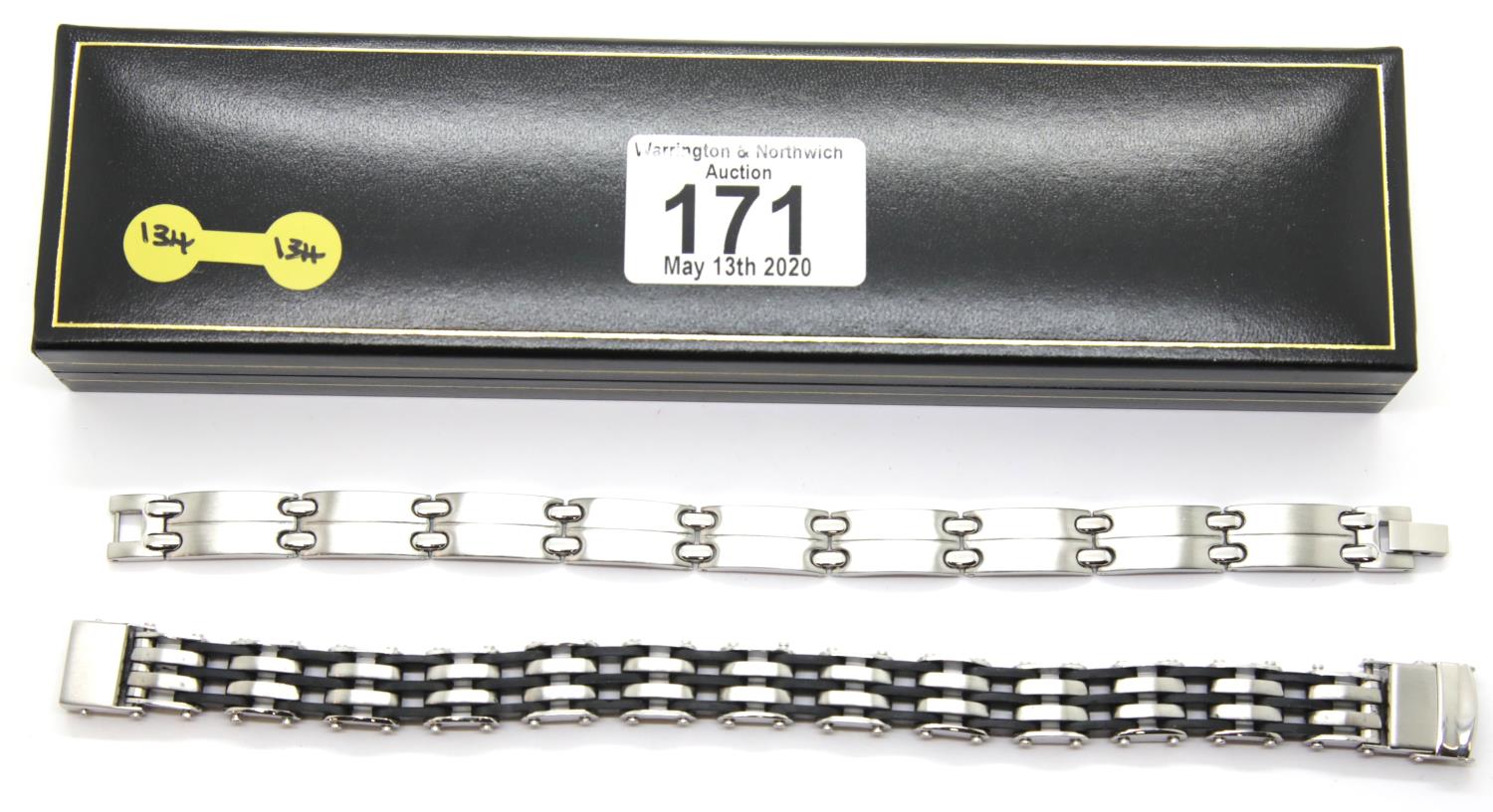 Modern gents steel and rubber link bracelet L: 23 cm and a further steel bracelet L: 21 cm. P&P