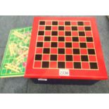 Wooden games compendium including Chess and two metal coaches. P&P Group 2 (£18+VAT for the first