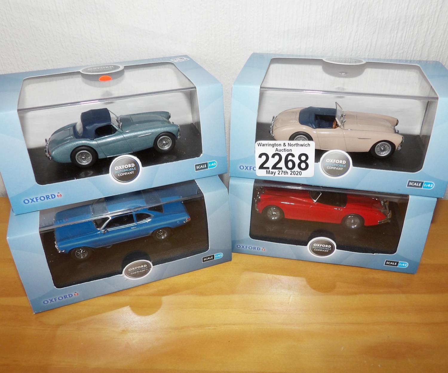 Oxford 1.43 x 4 Automobile Vaxhall, Jaguar XK150, Austin Healey Blue Austin Healey Fawn. P&P Group 2