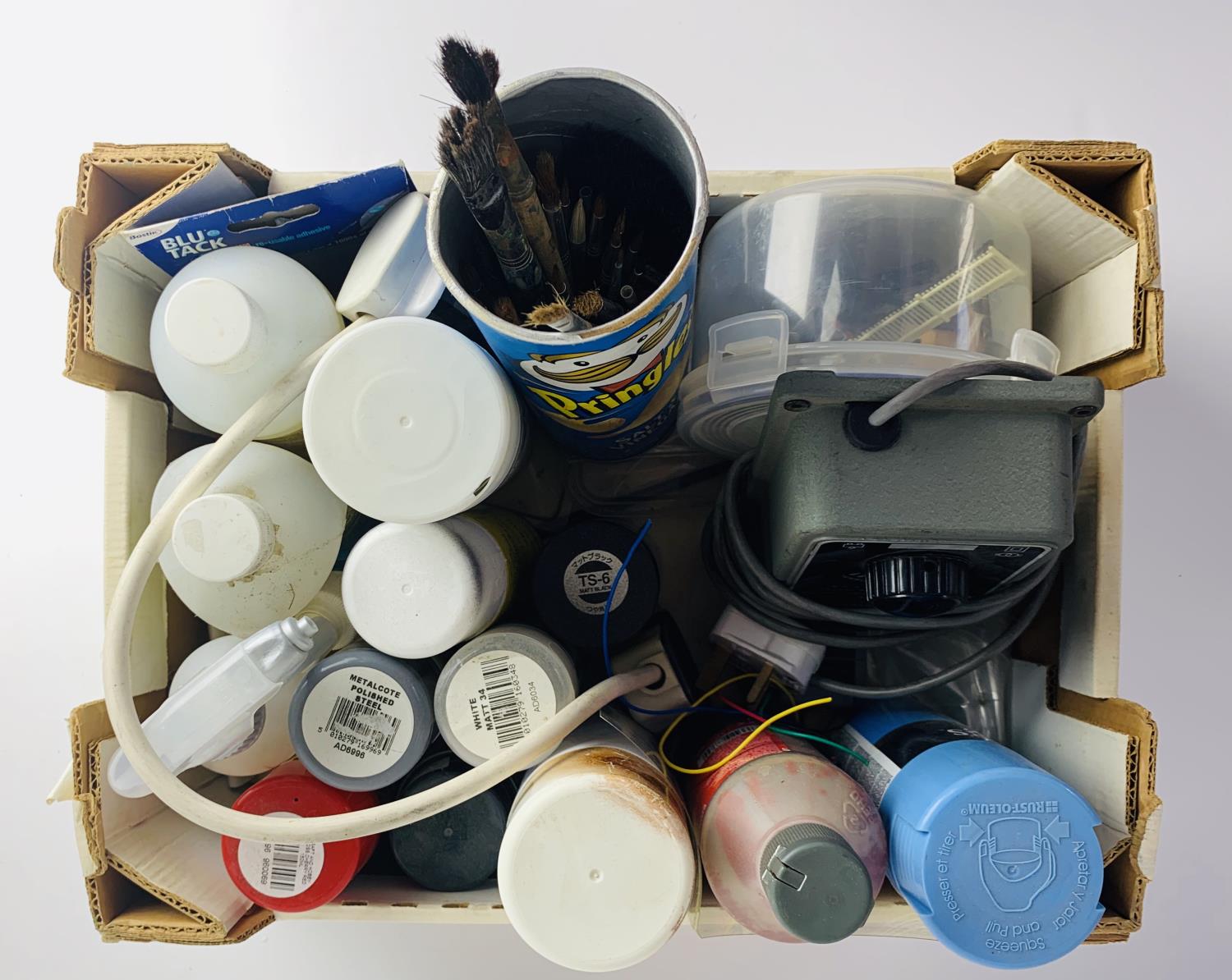 Tray Containing Spray Paints, Glue & Paint Brushes - All Used, 1x Hornby Dublo Power Controller /