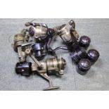 Fishing reels: two Diwa, two Electron Blue 400 with six spare spools. P&P Group 3 (£25+VAT for the