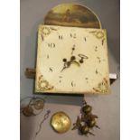 Victorian longcase clock movement and arched dial with date ring, works, key, finials, wheels and