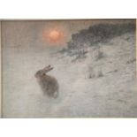 After Alfred Weczerzick (1846-1952) Hare in the snow at sunset 30 x 22 cm. P&P Group 3, will be sent