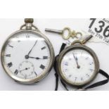 925 silver crown wind pocket watch (not working), with box and key and a silver fob watch lacking