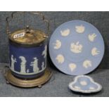 Wedgwood blue jasperware lidded biscuit barrel, London plate and tea dish. P&P Group 2 (£18+VAT