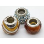 Three silver Amore and Baci beads (Murano). P&P Group 1 (£14+VAT for the first lot and £1+VAT for