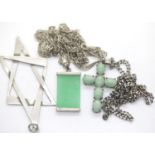 925 silver mounted jade ingot pendant, similar jade cross both on 925 silver chains and a presumed