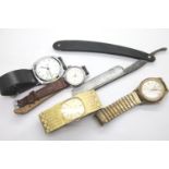 Four mechanical wristwatches Accurist, Lectro, Ramona and Timex, with an American cutthroat razor.