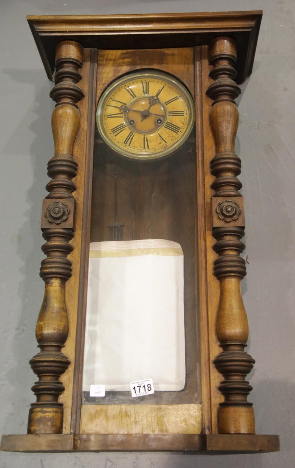 Large antique walnut Westminster chime wall clock with pendulum and key (untested). P&P Group 3 (£