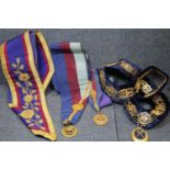 Masonic regalia including Warwickshire chain, Grand Chapter sash and other collars, London etc. P&