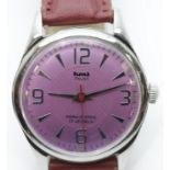 HMT purple faced pilot wristwatch on a leather strap, 18 jewels. P&P Group 1 (£14+VAT for the