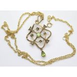 9ct gold peridot and seed pearl set pendant on a fine 9ct gold chain pendant, L: 40 mm 3.0g. P&P