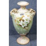 Large Victorian rams head two handled hand painted vase, H: 35 cm. Tiny nibble to base rim, with