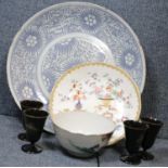 Four Japanese liqueur glasses, large blue and white bowl, tea bowl and a further bowl. P&P Group