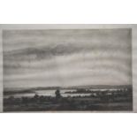 NATHANIEL SPARKS Etching of The purbeck Hills from Poole Harbour. 36 x 24 cm. P&P Group 3, will be