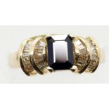 American 14ct gold, emerald cut sapphire and baguette cut diamond ring, size L, 4.2g. P&P Group
