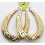 Ladies fancy 9ct gold loop earrings, L: 50 mm, 2.4g. P&P Group 1 (£14+VAT for the first lot and £1+
