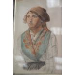 Watercolour portrait of a woman wearing a scarf signed H Powell 53 x 38 cm. P&P Group 3, will be