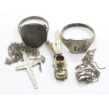 Two silver rings and other white metal items. P&P Group 1 (£14+VAT for the first lot and £1+VAT