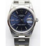 Rolex Oyster Date Perpetual Superlative Chronometer blue dial wristwatch with full length