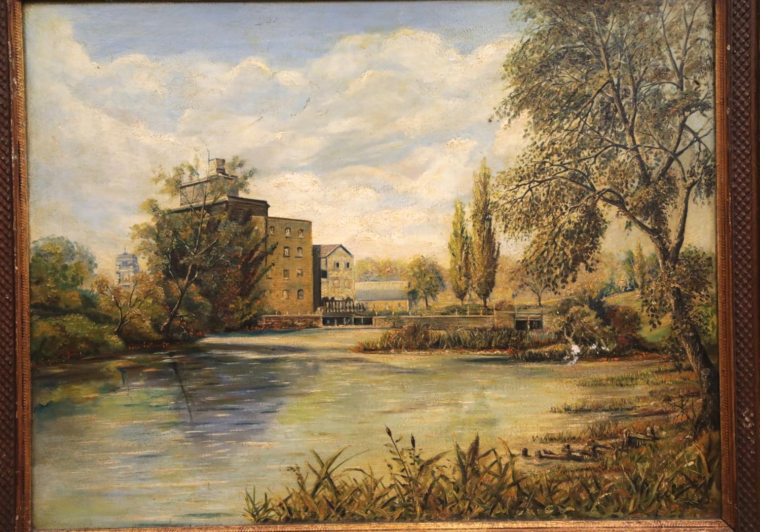 Oil on canvas Mill on the river Stour. Artist purported to be E C Barnes by plaque inscription 83