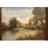 Oil on canvas Mill on the river Stour. Artist purported to be E C Barnes by plaque inscription 83