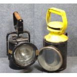 Two railway lamps, one by The Premier Engineering Co, Leeds, tallest H: 30 cm. P&P Group 3 (£25+