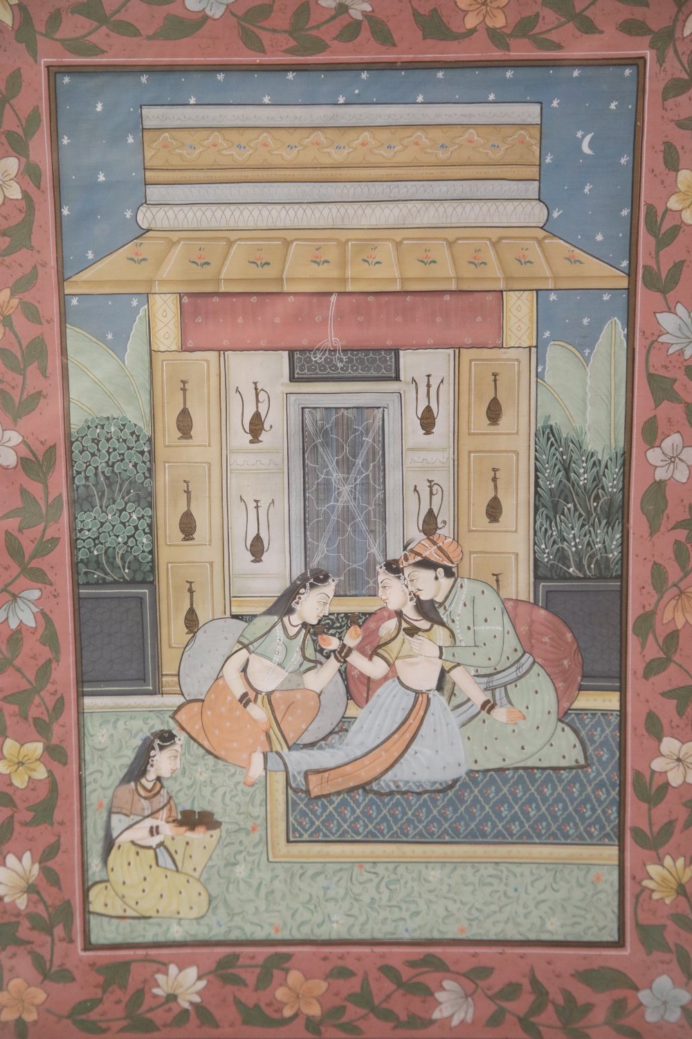 Persian Mughal style watercolour painting on paper with painted border unsigned. 52 x 39 cm. P&P