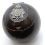 Antique Kings Dragoon Guards cannonball inkwell with white metal crest and original liner, D: 8