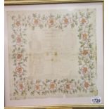 Framed faded napkin celebrating the visit of President Leubets' visit to london, 1903, 35 x 35 cm.