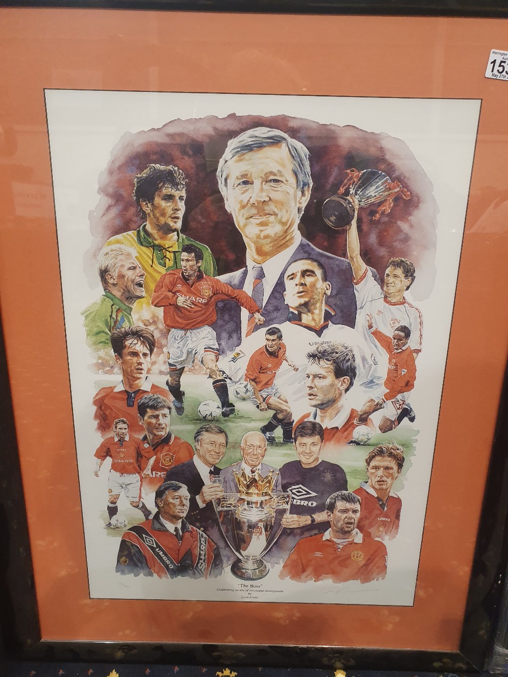 Signed limited edition print Manchester United The Boss by Leon Evans 129/850. Frame size 83 x 67