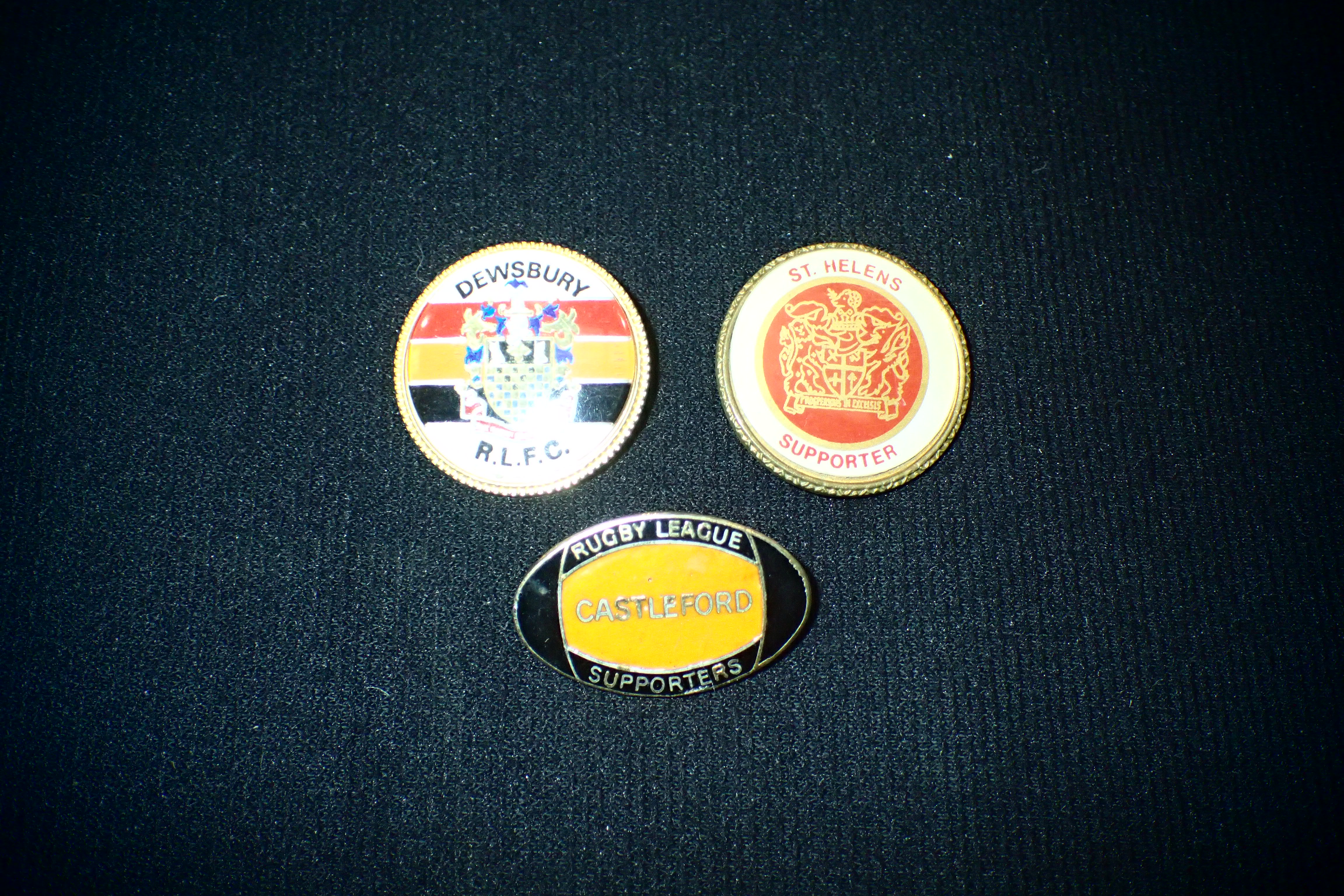 Three Rugby League badges, Castleford, St. Helens and Dewsbury. P&P Group 1 (£14+VAT for the first