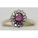 Vintage 9ct gold, ruby and diamond cluster ring, size N, 3.0g. P&P Group 1 (£14+VAT for the first