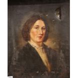 Oil on canvas of a Victorian Lady, unsigned. Holed. 62 x 52 cm. P&P Group 3, (£25+VAT for the