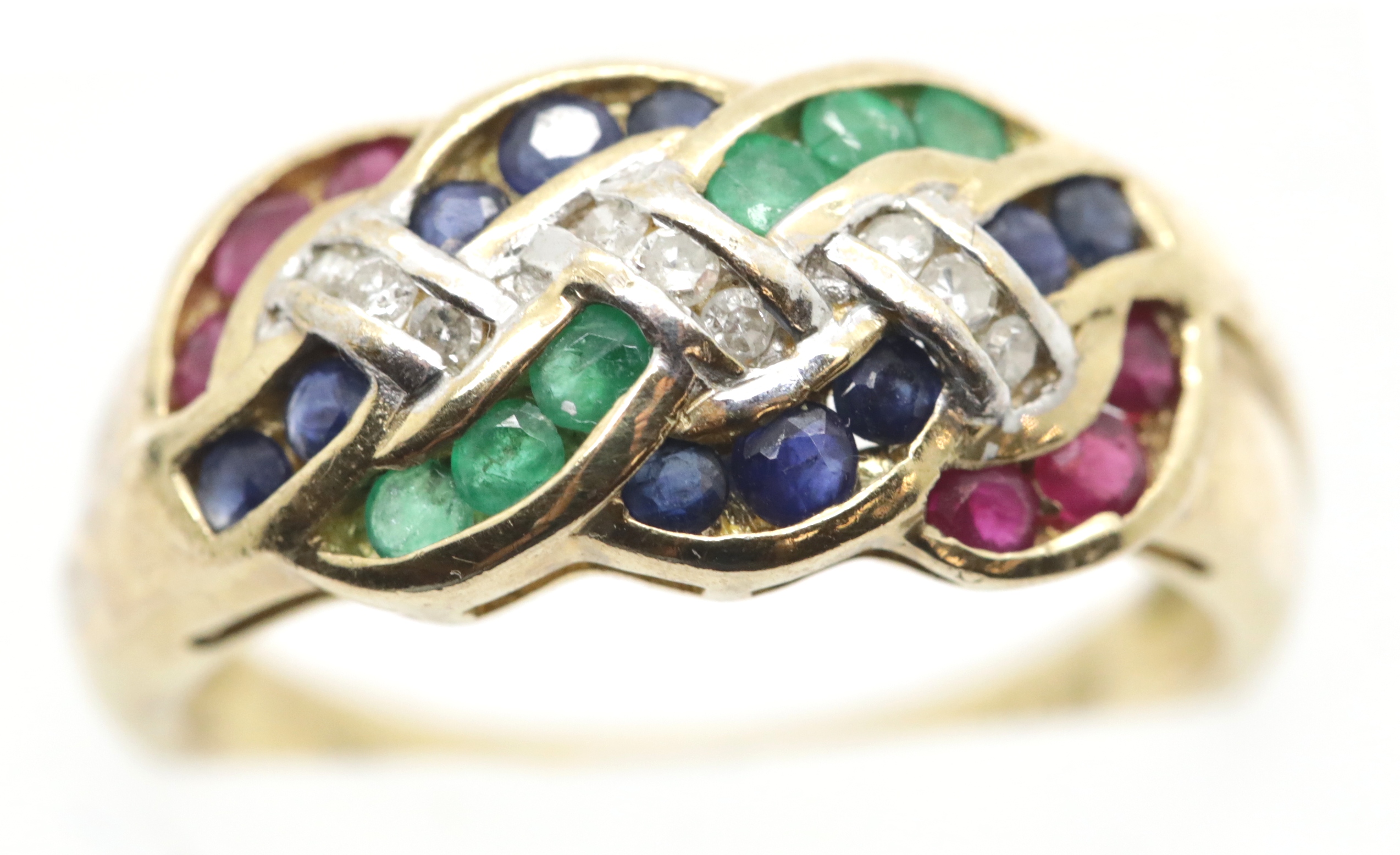 9ct gold, diamond, sapphire, ruby and emerald ring, size R/S, 3.9g. P&P Group 1 (£14+VAT for the