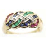 9ct gold, diamond, sapphire, ruby and emerald ring, size R/S, 3.9g. P&P Group 1 (£14+VAT for the