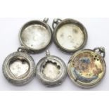 Five silver fob watch cases, including a heart shaped example. P&P Group 1 (£14+VAT for the first