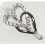 Ladies fancy 18ct gold white gold double heart shaped diamond ring, size O, 3.5g. P&P Group 1 (£14+