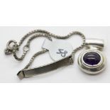 Vintage silver ID box chain bracelet and an amethyst pendant. P&P Group 1 (£14+VAT for the first lot