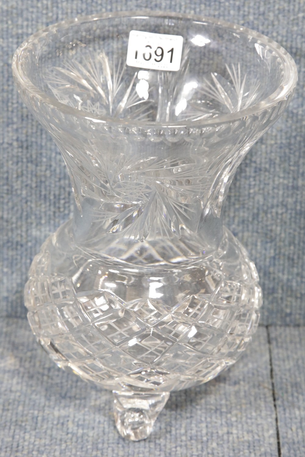 Large cut crystal three footed vase, H: 26 cm. P&P Group 2 (£18+VAT for the first lot and £2+VAT for